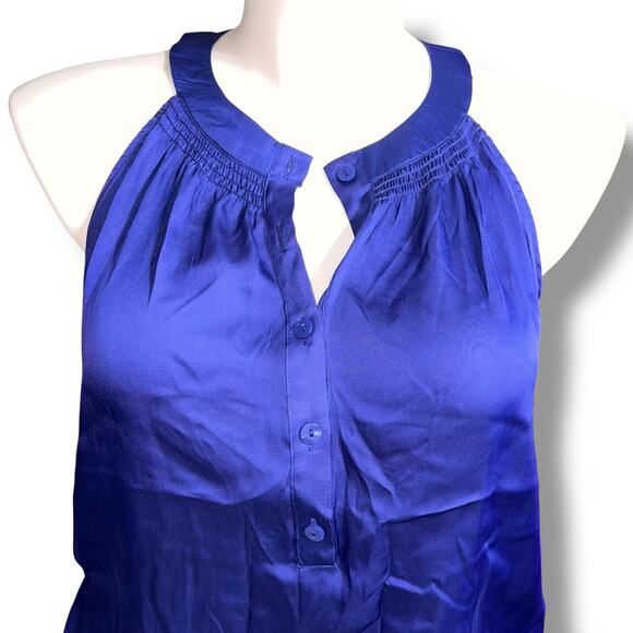 ana Womens Blouse Shirt Top Satin Halter Top Smocked Bubble Hem Blue Purple Lar - Picture 5 of 8